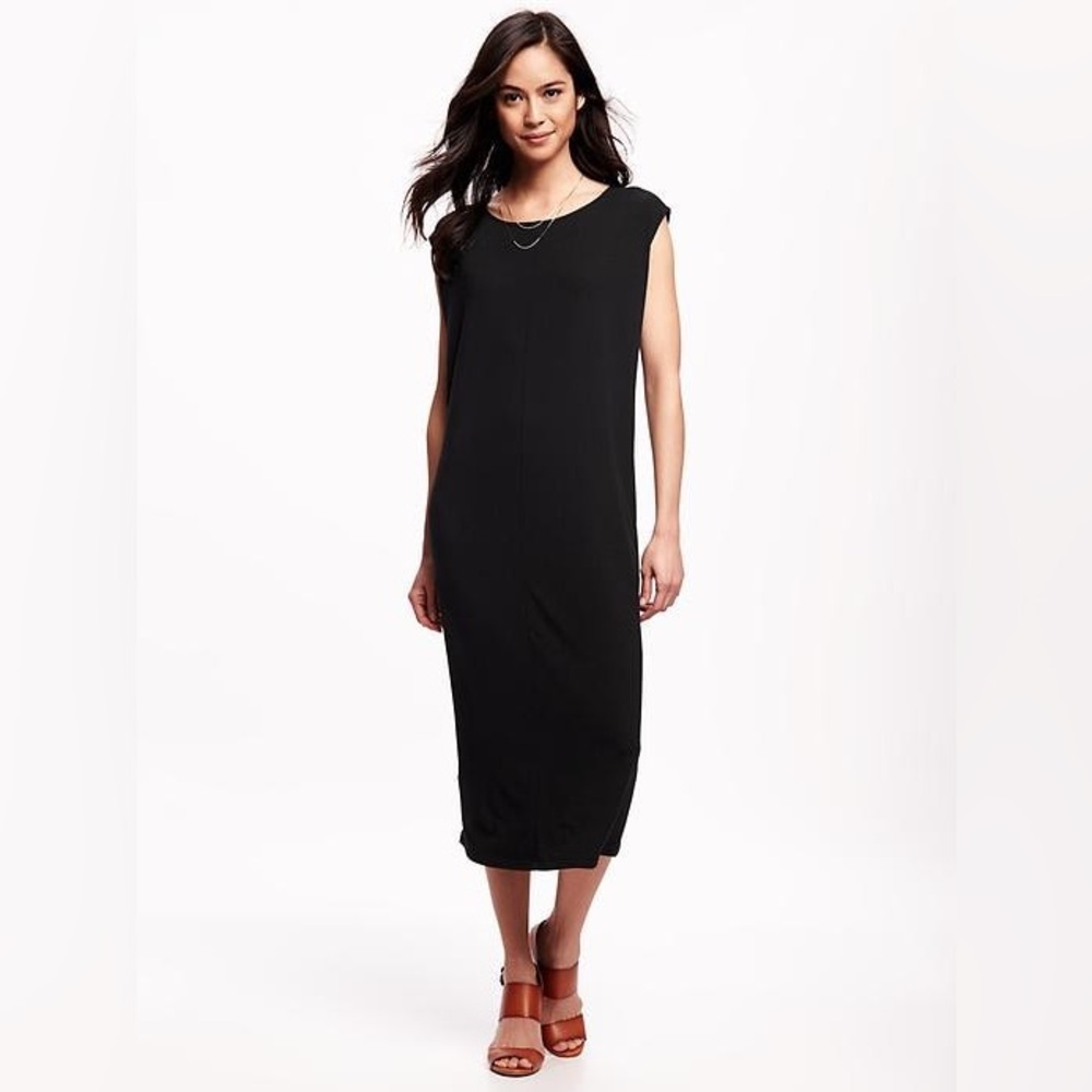 Cap-Sleeve Midi Dress, Cotton, Black, Small